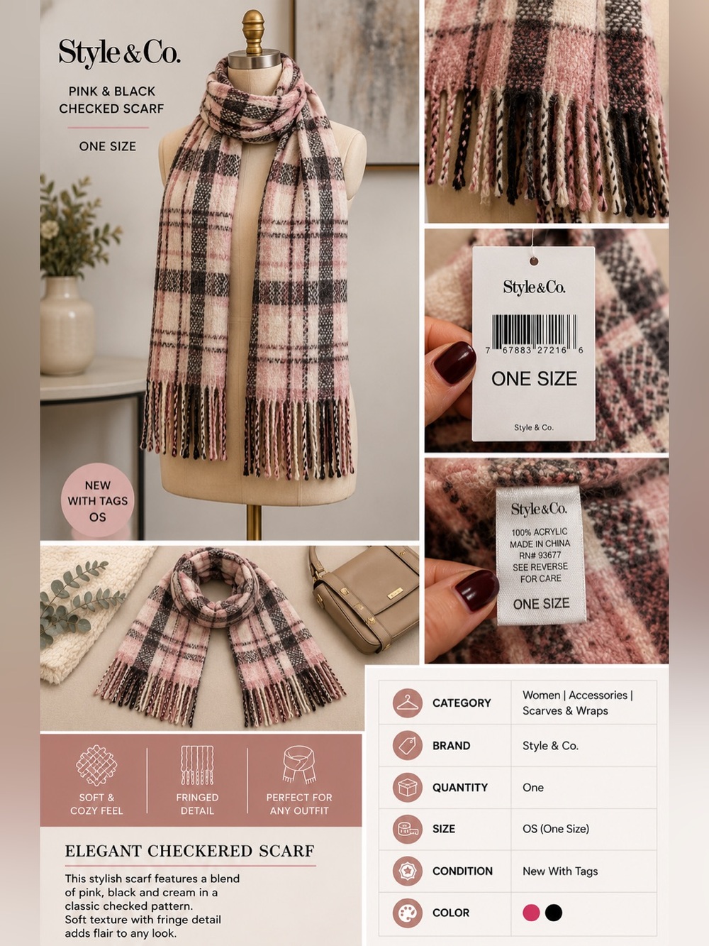 Style & Co. Pink and Black Checkered Scarf NEW O/S